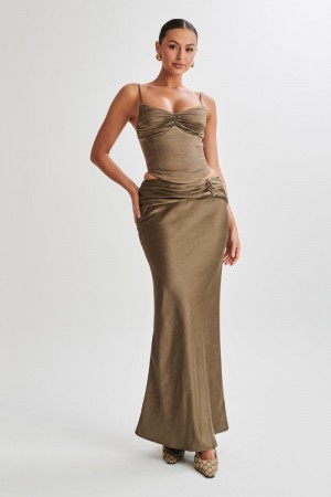 Meshki Khalani Ruched Satin Maxi Nederdel Dame Khaki Danmark | B9E-8853